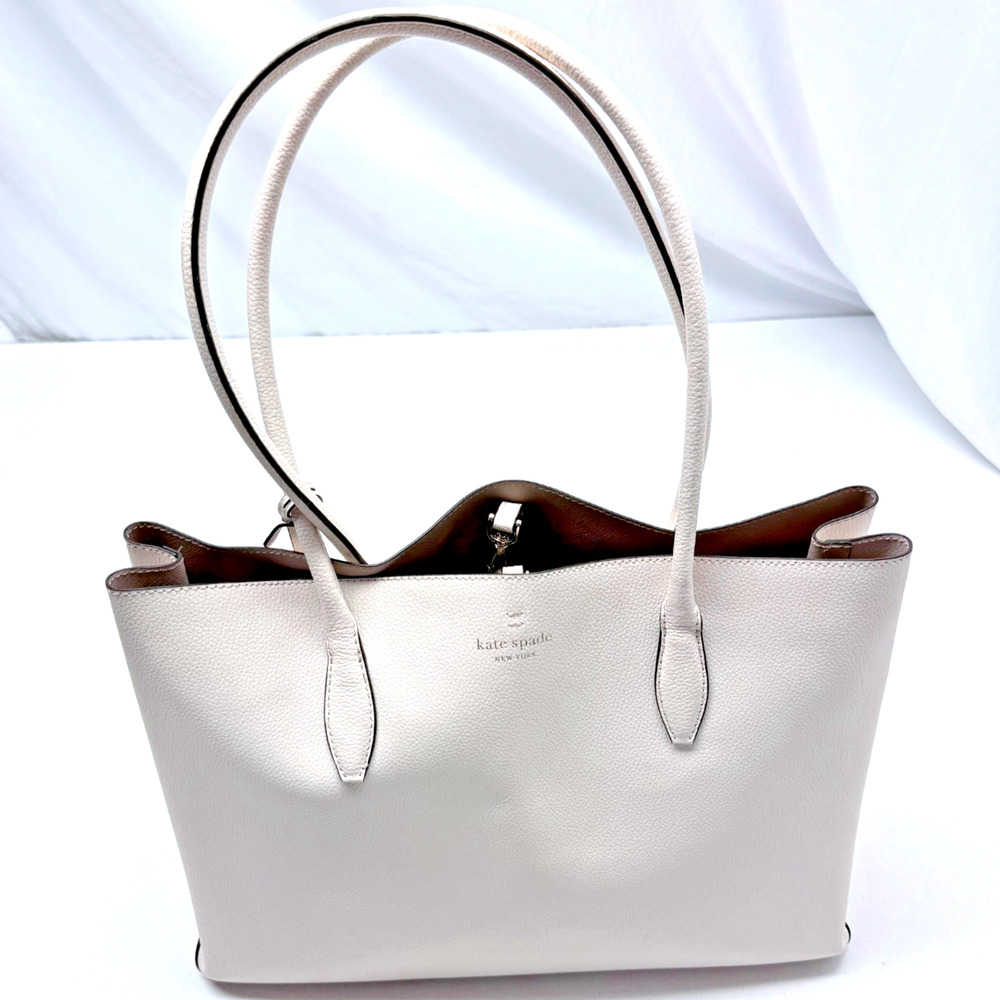 Kate Spade Harper Large Leather Tote Bag Parchment White Grey 15"
